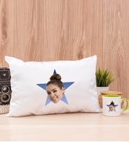 Kişiye Özel Mavi Yıldız Kafa Fotoğraflı Dikdörtgen Yastık ve Yeşil Kupa