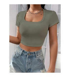Kadın Kare & Havuz Yaka Crop T-shirt ,Likralı Fitilli Kaşkorse Kumaş