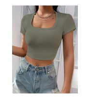 Kadın Kare & Havuz Yaka Crop T-shirt ,Likralı Fitilli Kaşkorse Kumaş
