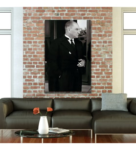 Tekli Dikey Kanvas Ofis Tablosu Siyah Beyaz Atatürk Portresi