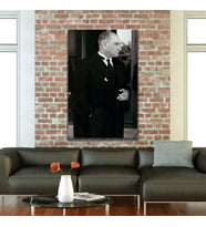 Tekli Dikey Kanvas Ofis Tablosu Siyah Beyaz Atatürk Portresi