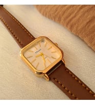 Marlas Retro Kadın Kol Saati, Köşeli Tasarım, Vintage Tasarım, Minimal Tasarım, Altın Rengi Kasa, Açık Kahverengi Kordon