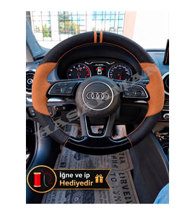 Audi A4 B9 Dikme Direksiyon Kılıfı Delikli Deri Parlak Siyah Taba Detay Çift Yüzük ve Dikiş 2016-2019
