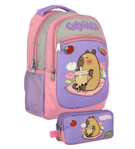 Capybara Kız Çocuk İlkokul Sırt Çantası ve İki Gözlü Kalemlik Seti - Mor - Pembe - SETCPB5233C