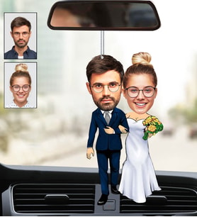 Kişiye Özel Fotoğraflı En Tatlı Gelin Damat Tasarımlı Karikatür Araba Dikiz Ayna Süsü