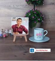 Almanca Öğretmeni Fotoğraflı Dekoratif Taş, Ahşap Altlıklı Türk Kahvesi Fincanı Hediye (Model 2)