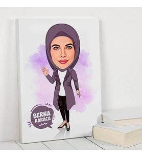 Başörtülü Sevgiliye Hediye Karikatürlü Kanvas Tablo