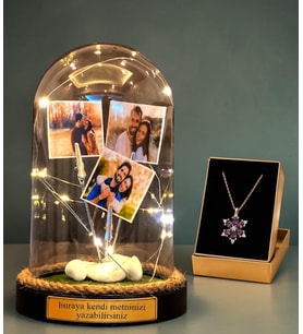 Kişiye Özel 3 Fotoğraflı Yazılı LED Işıklı Fanus ve Mor Ametist Taşlı Lotus Kolyeli Hediye Seti