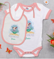 BK Kids Kişiye Özel Küçük Deniz Kızı Tasarımlı Pembe Bebek Body Zıbın ve Mama Önlüğü Hediye Seti-1