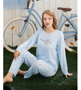 Pijamoni Kadın Milan Bisiklet Yaka Uzun Kol İnce Pijama Takımı 7600/25 - 1 Adet (Açık Mavi)