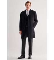 Siyah Mono Yaka Palto Tam Astar Classic Comfort Fit Yünlü Kaşe Palto 1005255151