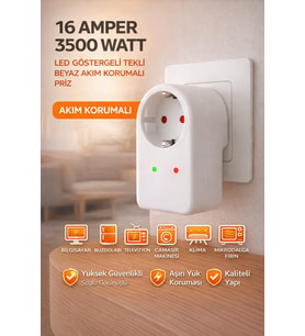 Tekli Akım Korumalı Priz 16 Amper 3500 Watt LED Göstergeli Tekli Beyaz Aşırı Yük Korumalı Priz