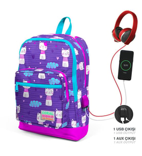 Coral High Kids Mor Pembe Kedi Desenli Dört Bölmeli USB Şarjlı Kulaklık Çıkışlı Okul Sırt Çantası 23264