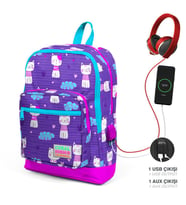 Coral High Kids Mor Pembe Kedi Desenli Dört Bölmeli USB Şarjlı Kulaklık Çıkışlı Okul Sırt Çantası 23264