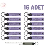 Doğum Günü Kutlama Hediyesi, 16'lı Set, Kişiye Özgü Deri Hatıra Anahtarlık, Mor Menekşe & Gri (Lila - Mor)