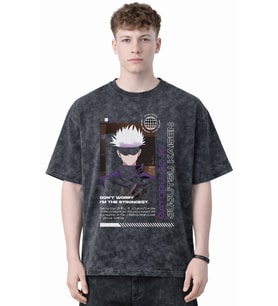 Tasarım Satoru Gojo Jujutsu Kaisen Anime Baskılı Unisex Oversize Eskitme Yıkamalı Tişört