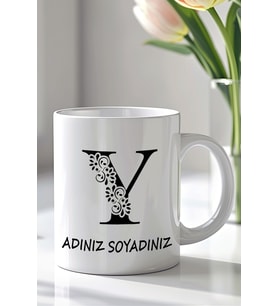 Kişiselleştirilebilir Y Harfi Tasarımlı 330ml Baskılı Beyaz Seramik Kupa Bardak (Siyah Beyaz Baskili)