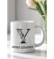 Kişiselleştirilebilir Y Harfi Tasarımlı 330ml Baskılı Beyaz Seramik Kupa Bardak (Siyah Beyaz Baskili)