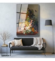 Gümüş Renk Metal Çerçeveli Tamperli Cam Tablo J.L.R. Meyve ve Çiçekler Vazoda Böcekli Natürmort Ressam Tablosu Dekoru