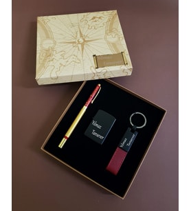 Kişiye Özel Kalem Çakmak Deri Metal Anahtarlık & Hediyelik Gold Kırmızı Roller Lüx Kalem / Erkeğe Özel Hediye Seti , İsme Özel Kalem Çakmak Ve Deri Anahtarlık