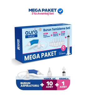 MEGA PAKET Burun Aspiratörü, 10 Adet Aspiratör Yedek Uç ve Burun Temizleme Şırıngası Enjektörü