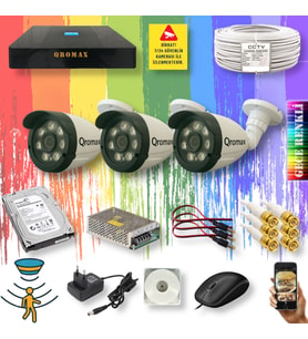 Qromax 3 Kameralı Set - Gece Renkli Gösteren Hareket Algılayan 8 Warm Ledli 1080P Turbo HD Güvenlik Kamerası Seti 3908W-9004