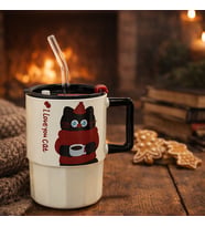 Sevimli Kedi Desenli Pipetli Kapaklı Termos Kupa Bardak – I Love You Cat Tasarımlı Taşınabilir Mug (Parlak Beyaz)