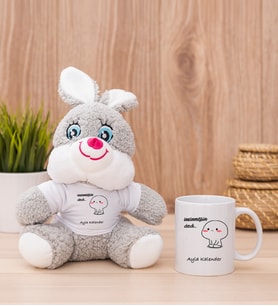 Kişiye Özel İncinmişsin Dedi Tasarım Esprili Peluş Tavşan ve Beyaz Kupa