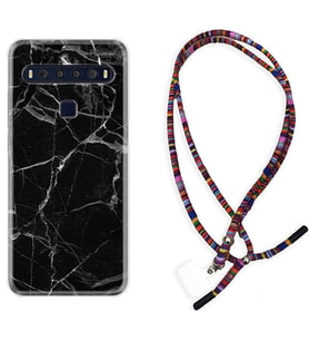 TCL 10L 10 Plus 10SE 20E 20SE 30 L7 Kılıf Boyun Asklı Rasta Silikon Fragile Black Mermer 1378
