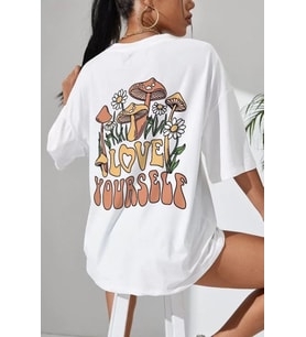 Unisex Baskılı Oversize T-Shirt - Beyaz