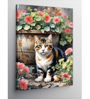 Kanvas Tablo Çiçekler Ve Kedi