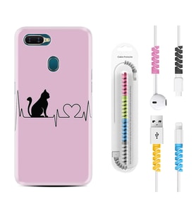 Oppo A5S A15 A16 A54 A55 A73 A74 Kılıf Kablo Koruma Spiral Silikon Pink Cat Heart 1303