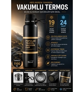 Paslanmaz Çelik 1100 ML Vakumlu Termos Mat Siyah Sızdırmaz Çift Katmanlı Kamp Seyahat 19 & 24 Saat