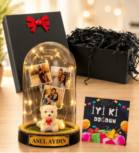 Kişiye Özel 3 Fotoğraflı LED Işıklı Fanus İyi Ki Doğdun Doğum Günü Hediyesi (beyaz ayıcıklı)