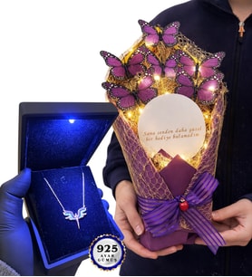 Işıklı Premium Kutusunda 925 Ayar Gümüş Kolye ve Led Işıklı Aynalı Kelebek Buketi (Model 4)