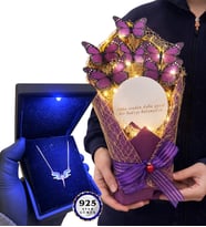 Işıklı Premium Kutusunda 925 Ayar Gümüş Kolye ve Led Işıklı Aynalı Kelebek Buketi (Model 4)