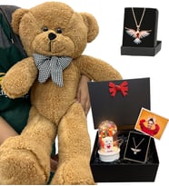 Renkli Zümdürü Anka Kuşu Kolyeli Fotoğraflı Premium Set - Büyük Boy Kahve Peluş Ayıcıklı (Model 2)