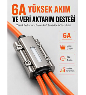 120W Hızlı Şarj Destekli 3'ü 1 Arada Çok Amaçlı Şarj ve Veri Aktarım Kablosu