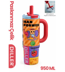 DILLER Tumbler 950 ML Tek Kapak Çift Kullanım Pipetli Rahat İçim Kulplu Paslanmaz Çelik Termos F9512