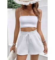 Ghassy Co. Kadın %100 Cotton Müslin Tatil Ev İçi/Dışı Kullanım Cepsiz Beli Bağcıklı Şort (Beyaz)