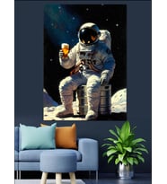 Ay Işığı Uzayda Astronot Bira Keyfi Dekoratif Kanvas - Mdf Ahşap Tablo
