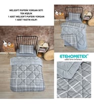 ETE HOMETEX TEK KİŞİLİK LÜX WELSOFT YORGAN SETİ SAFİR GRİ 155X215CM 8696474231850 (Ekose Gri)