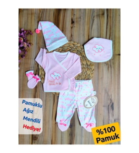 %100 Pamuklu Yenidoğan Bebek Hastane Çıkışı - Pembe & Nakışlı Mevsimlik 5'li Set