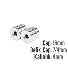 Neodyum Mıknatıs Yuvarlak Havşalı Çap 16mm (delik 7/4mm) Kalıklık 4mm 3 Adet (Metal)