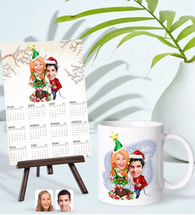 BK Gift Kişiye Özel Sevgililer Yılbaşı Karikatürlü Kupa Bardak ve 13x18cm Fotoğraf Kartlı Şövaleli 2024 Takvim Hediye Seti-1