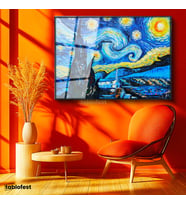 Siyah Renk Metal Çerçeveli Tamperli Cam Tablo Vincent van Gogh Yıldızlı Gece Manzarası Ressam Tablosu Duvar Dekoru