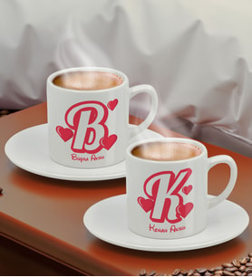BK Gift Kişiye Özel Kalpli Harf Tasarımlı İkili Türk Kahvesi Fincanı