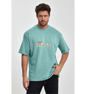 Erkek Oversize %100 Pamuk Bad Vibes Baskılı T-shirt Yeşil Edw051