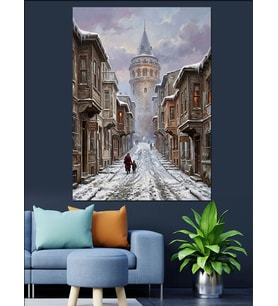 Karlı Bir İstanbul Galata Sokağı Dekoratif Kanvas - Mdf Ahşap Tablo