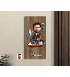 BK Gift Kişiye Özel Balıkçı Karikatürlü Kabartma Figürlü Ahşap Tablo-7, Arkadaşa Hediye, Sevgiliye Hediye, Duvar Dekoru